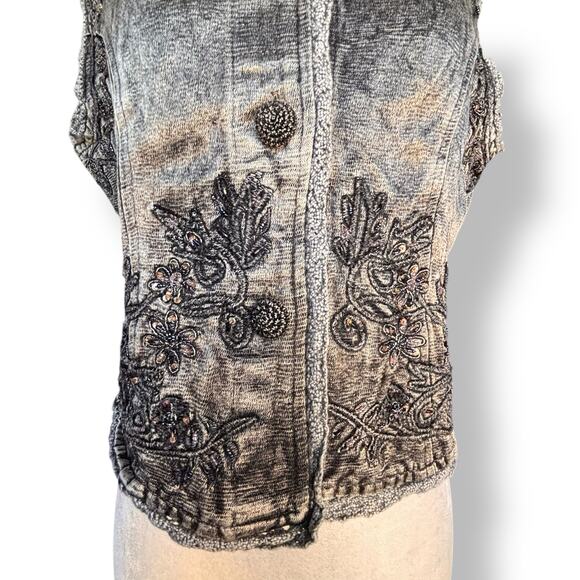 Vintage 90s Flashback Embroidered Metallic Gray Beaded Vest Floral Detail Boho - Picture 5 of 13